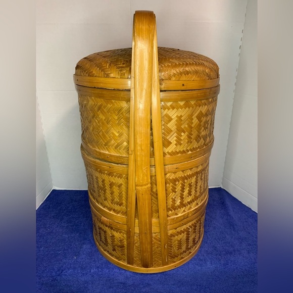 Vintage Chinese 3 Tier Wedding Basket Stacking Bamboo Rattan Woven Cane - Picture 2 of 9